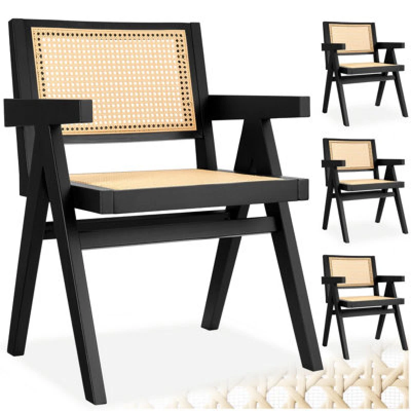 Image of Tectake Set Of 4 Dining Chair Lizzy With Mid-Century Modern Design, Rattan Backrest And Solid Wood Frame - Black