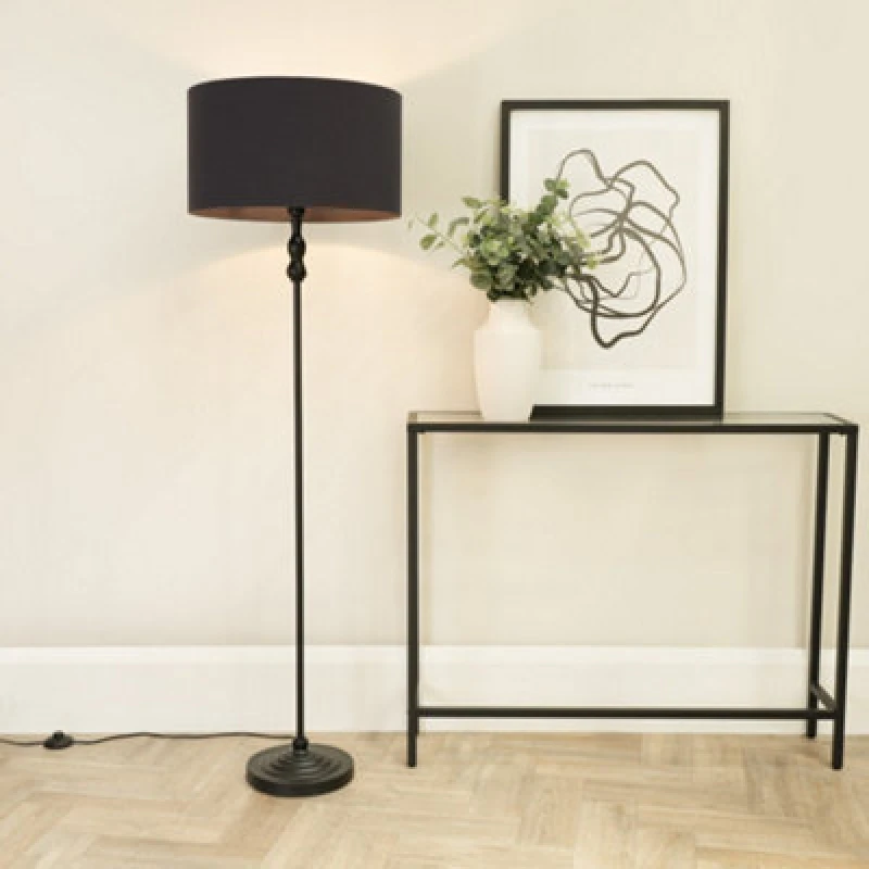 Image of ValueLights Maggie Black Metal Candlestick Floor Lamp with Fabric Lamp Shade and LED Bulb Charcoal