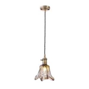 image of Leyden Switched Ceiling Pendant 1.5m, E27, Antique Brass, Black Twisted Cable, Brown Flower Glass