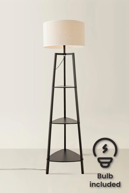 Image of ValueLights Hiru Black 3 Tier Shelved Wooden Floor with Linen Trim Drum Lamp Shade & Bulb White