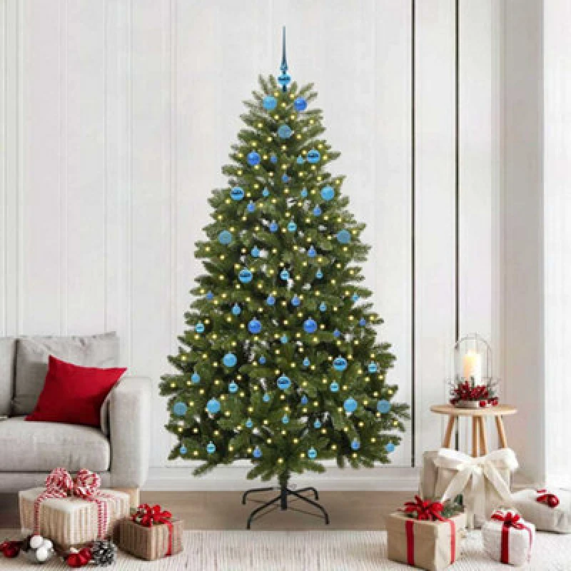 Image of vidaXL Artificial Christmas Tree with Blue Balls Green 210cm PVC and Metal, Green 3395701