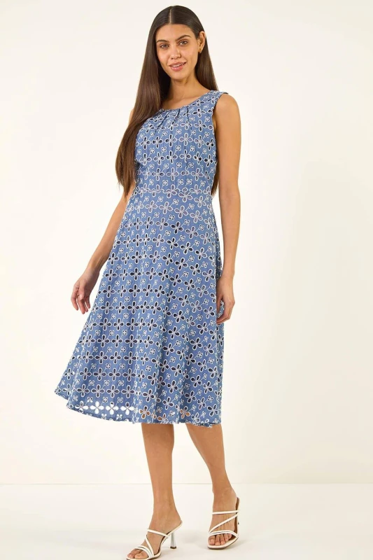 Image of Roman Womens Embroidered Midi Dress in Mid Blue Size: 18 Mid Blue Female 18