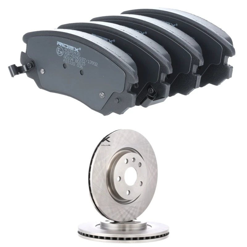 Image of RIDEX 3405B2025 Brake disc and pads set Front Axle, Brake Disc Type: Vented, with acoustic wear warning Brake Set,disc brakes (3405)