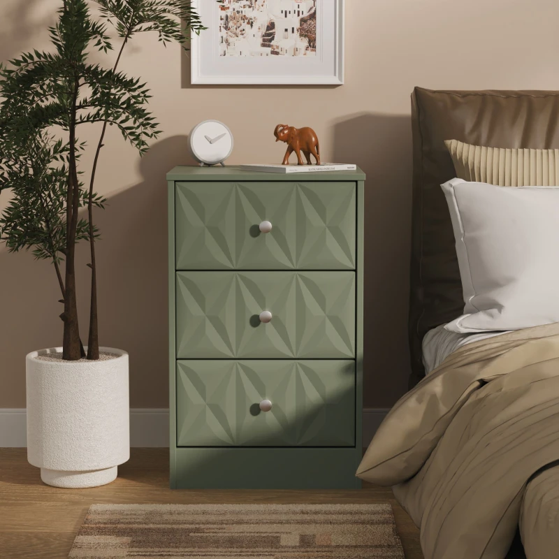 Image of Genoa Ready Assembled Matt Green 3 Drawer Bedside Chest (H)726mm (W)450mm (D)395mm