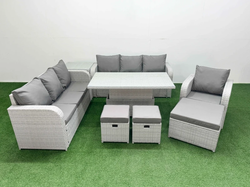 Image of FIMOUS Fimous - 10 Seater Poly Rattan Outdoor Garden Furniture Adjustable Lifting Dining or Coffee Table Sofa Set Patio 3 Seater Sofa Reclining Chair