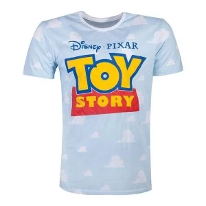 Image of Disney - Logo With All-Over Cloud Mens Large T-Shirt - Blue