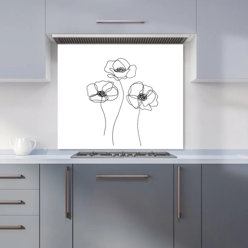 Image of Warren Reed - Designer Monochrome Line Drawn Poppies Kitchen Splashback in White Size: 700mm x 650mm White Unisex 700mm x 650mm