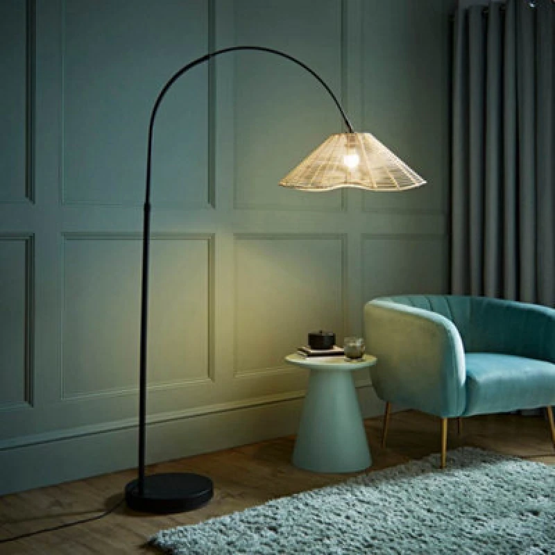 Image of ValueLights Louis Black Arched Curved Floor Lamp with Wicker Tapered Lamp Shade and LED Bulb Natural