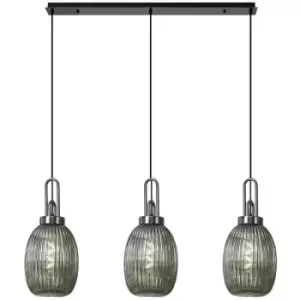 image of Luminosa Acree Linear 3 Light Ceiling Pendant With 20cm Almond Ribbed Glass, Black Chrome, Matt Black Smoked