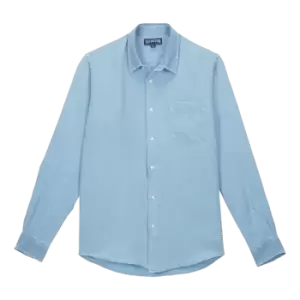 Image of Men Linen Mineral Dye Shirt Solid - Caroubis - Blue - Size L - Vilebrequin
