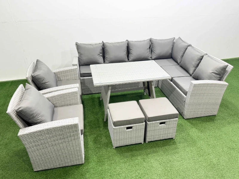 Image of Fimous 10 Seater Garden Outdoor Rattan Furniture Set Rattan Corner Sofa in Light Grey Light Grey Unisex