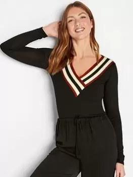 image of Long Tall Sally V Neck Stripe Long Sleeve Top - Black, Size 10, Women