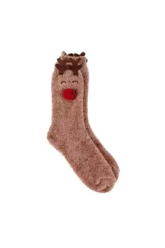 image of Single Pack of Reindeer Print Novelty Treaded Supersoft Socks