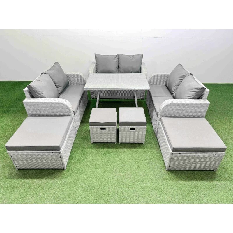 Image of Fimous 10 Seater Patio Garden Furniture Sets with Dining Table Love Sofa in Light Grey Light Grey Unisex