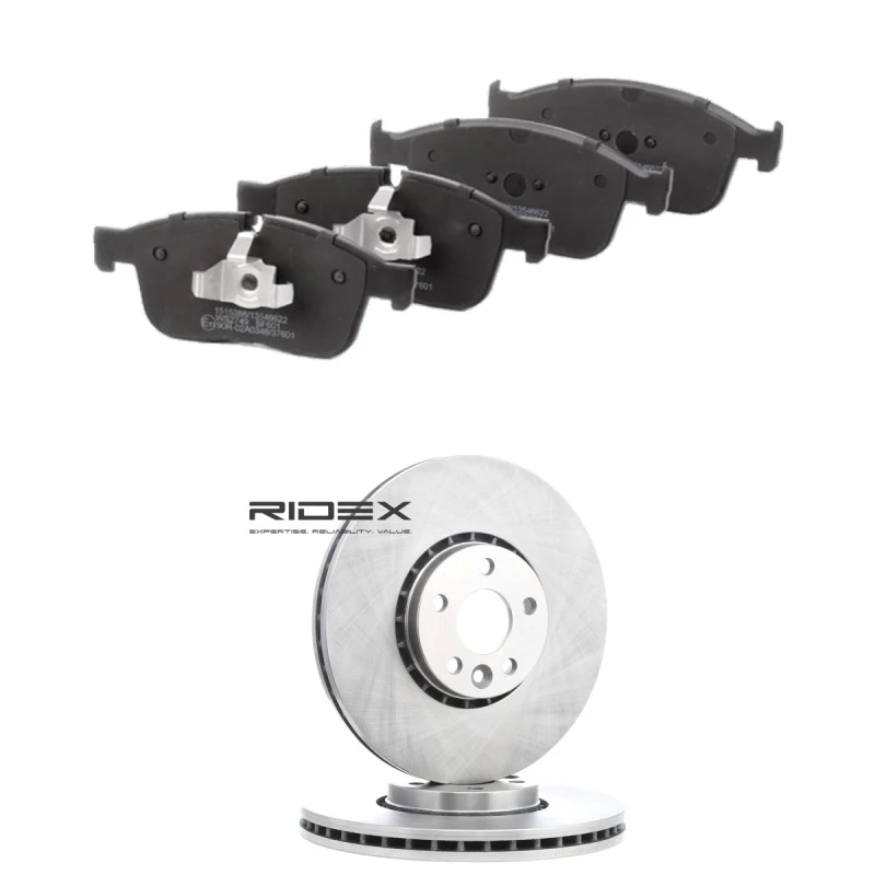 Image of RIDEX 3405B2535 Brake disc and pads set Front Axle, Brake Disc Type: Externally Vented, prepared for wear warning indicator Brake Set,disc brakes (34