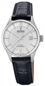Image of Festina Womens Swiss Made Black Leather Strap Silver Watch