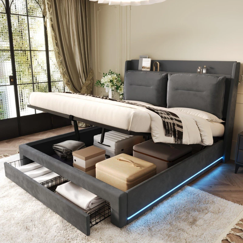 Image of Urban Meuble Upholstered Bed Frame with Cushioned Headboard Grey unisex One Size
