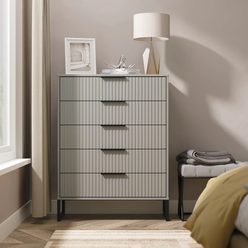 Image of Fluted 5 Drawer Chest in Dusk Grey - Ready Assembled - Lewis's Home TJ Hughes 5056812208481