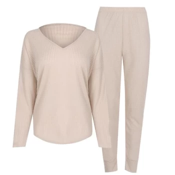Image of Linea Slouchy Textured V Neck Top and Joggers Loungewear Set - Brown