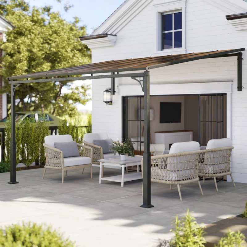 Image of OUTSUNNY 3.4 x 3m Metal Lean-to Hardtop Gazebo, Wall-Mounted Pergola in Brown Brown Unisex