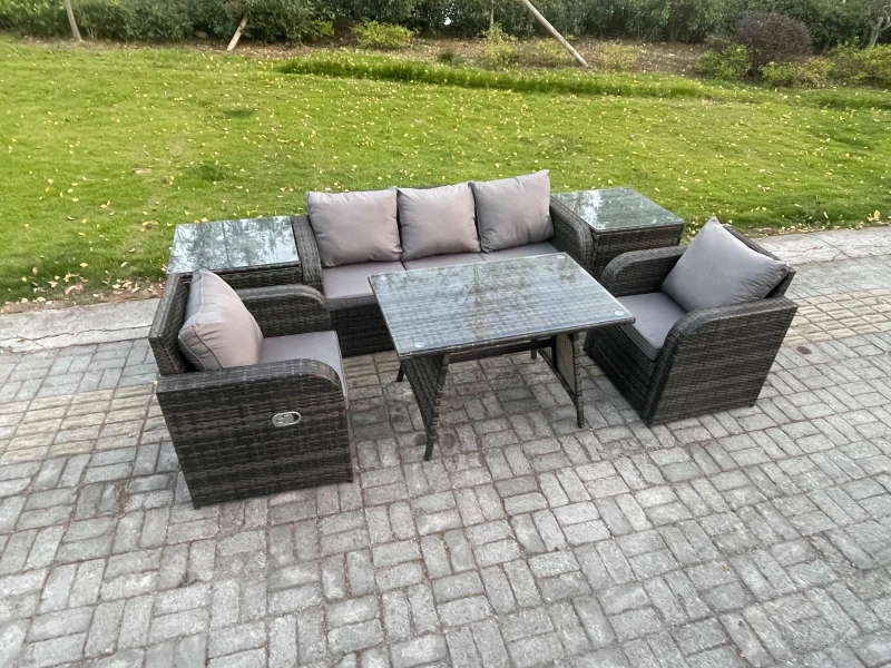 Image of Fimous Rattan Wicker Garden Furniture Patio Conservatory Sofa Set with Dining Table Reclining Chair 2 Side Tables Dark Grey