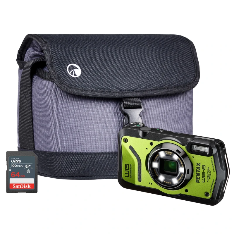 Image of Pentax WG-8 20MP 5x Zoom Tough Compact Camera - Green - Camera + Sandi
