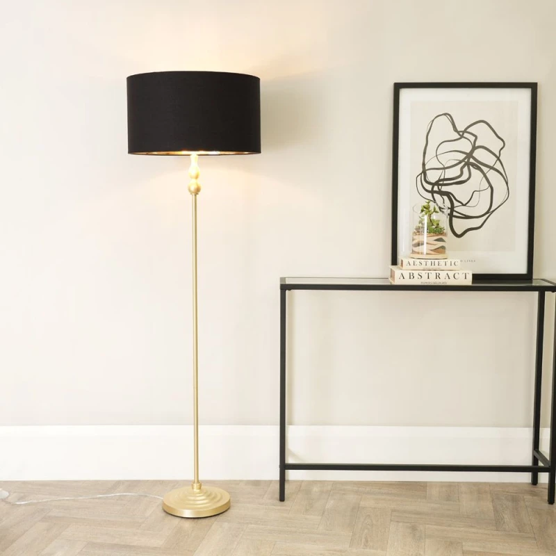 Image of ValueLights Maggie Gold Candlestick Floor Lamp with Black and Metallic Gold Shade and Bulb Black