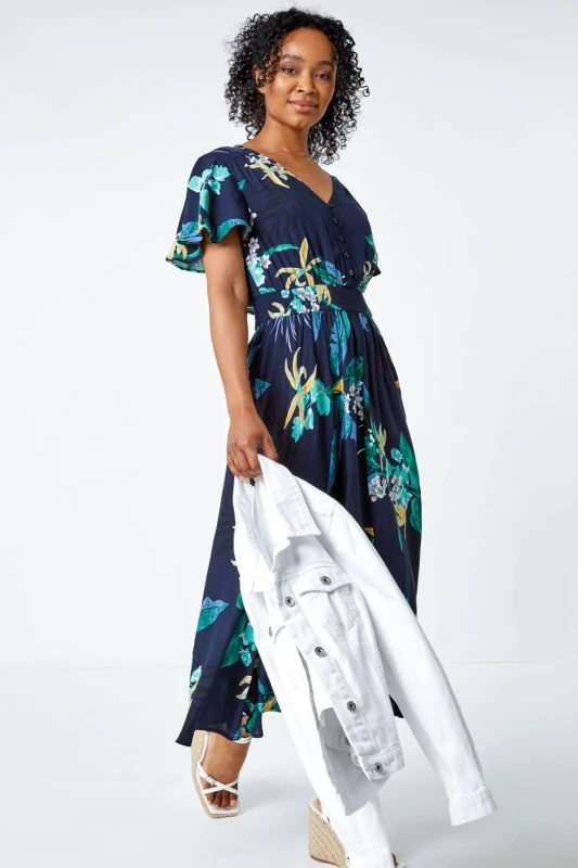 Image of Roman Womens Petite Floral Shirred Midi Dress in Navy Size: 16 Navy Female 16