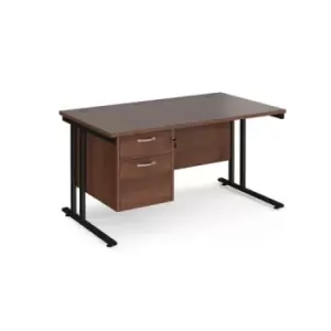 Image of Office Desk Rectangular Desk 1400mm With Pedestal Walnut Top With Black Frame 800mm Depth Maestro 25 MC14P2KW