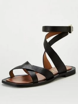 image of OFFICE Siren Ankle Strap Flat Sandal - Black Leather, Size 3, Women