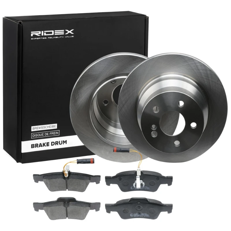 Image of RIDEX 3405B0402 Brake disc and pads set Rear Axle, Brake Disc Type: Solid, incl. wear warning contact Brake Set,disc brakes (3405)