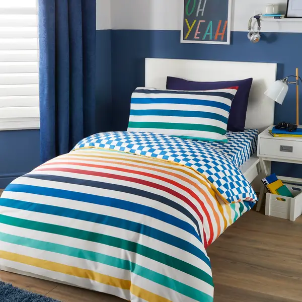 image of Beckett Stripe Reversible Duvet Cover & Pillowcase Set MultiColoured