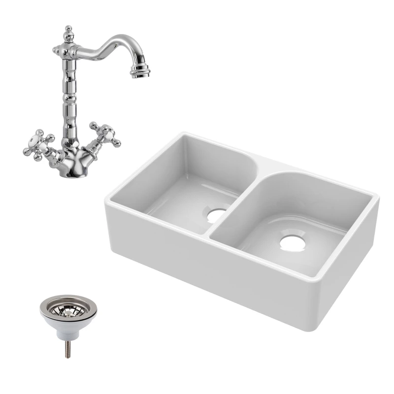 Image of Balterley Fireclay 2 Bowl Full Weir Butler Sink Tap Waste 795mm White unisex