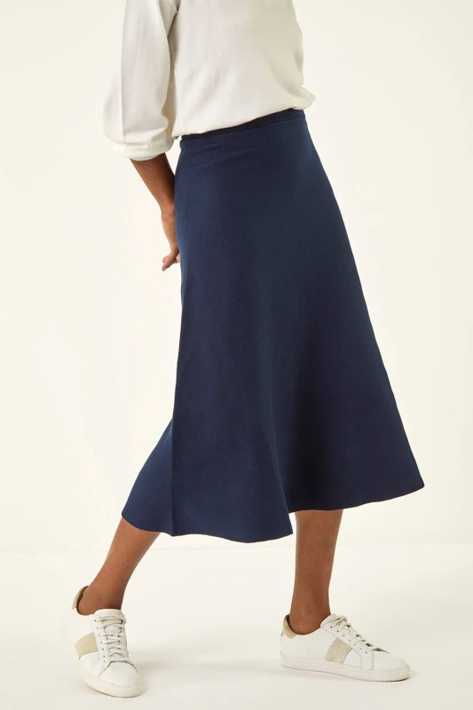 Image of Roman Womens Plain Elastic Waist Knitted A Line Midi Skirt in Midnight Size: 16 Midnight Female 16