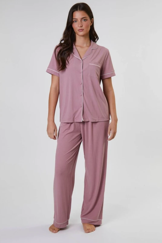 Image of Loungeable Womens Rib Short Sleeve Traditional Shirt & Long Pant in Pink Size: XL Pink Female XL