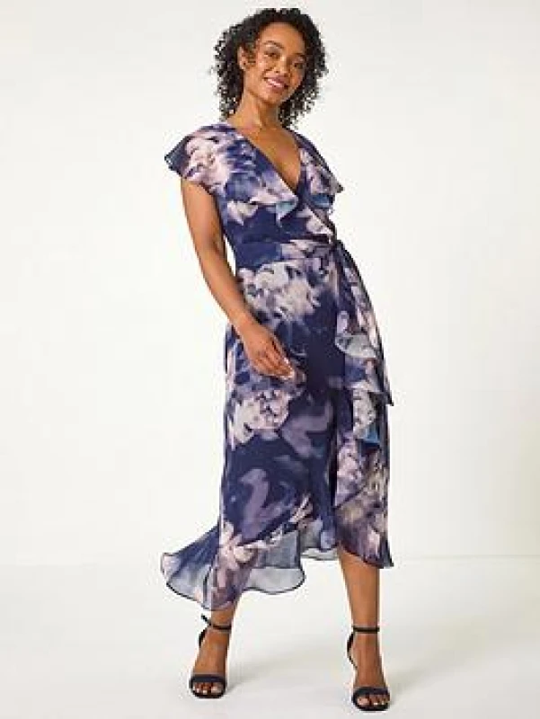 Image of Roman Womens Petite Floral Print Frill Midi Dress in Navy Size: 16 Navy Female 16