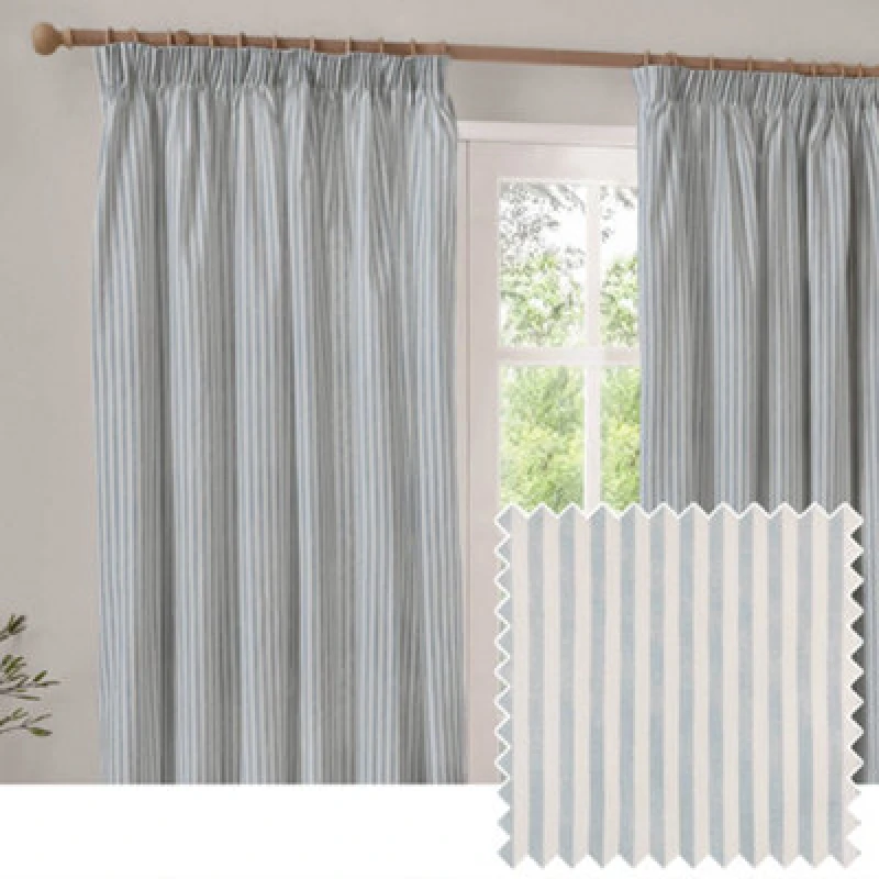 Image of Yard Hebden Striped Cotton Pencil Pleat Curtains, Mineral Blue, (W) 117 X (D) 137Cm