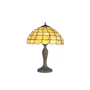 Image of 2 Light Curved Table Lamp E27 With 40cm Tiffany Shade, Beige, Clear Crystal, Aged Antique Brass