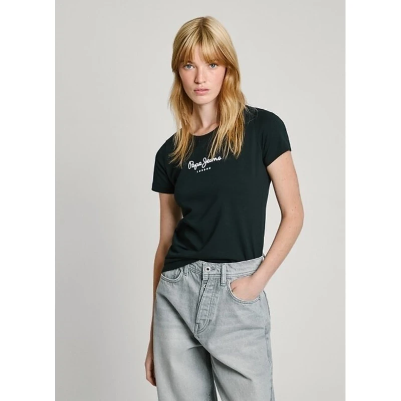 Image of Pepe Jeans Logo Print T-Shirt with Short Sleeves Black Cotton M