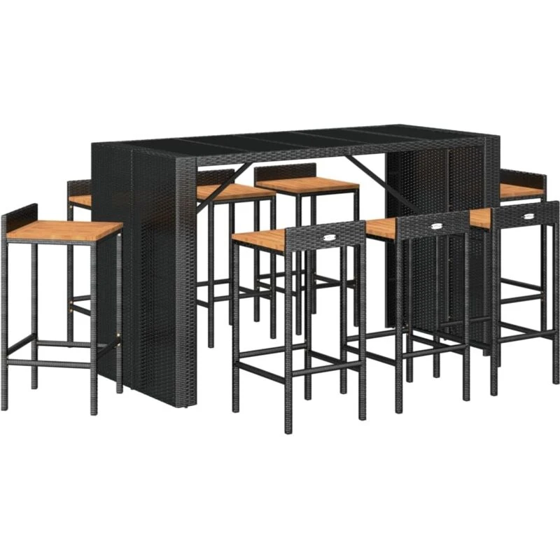 Image of VIDAXL 9 Piece Garden Bar Set Black Poly Rattan& Solid Wood Acacia Vidaxl 8720845880699