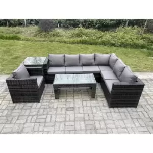 Image of Fimous 7 Seater Outdoor Dark Grey Rattan Lounge Complete Sofa Set with Rectangular Coffee Table and Arm Chair Right Hand