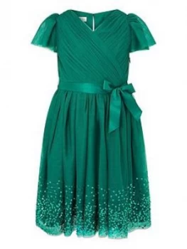 image of Monsoon Girls Tulle Sequin Wrap Dress - Green, Size 12-13 Years, Women