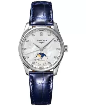 image of Longines Master Collection Automatic 34mm Mother of Pearl Diamond Dial Leather Strap Womens Watch L2.409.4.87.0 L2.409.4.87.0