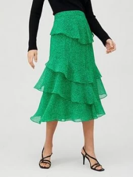 Image of WHISTLES Sketched Floral Tiered Skirt - Green/Multi, Green Multi, Size 6, Women