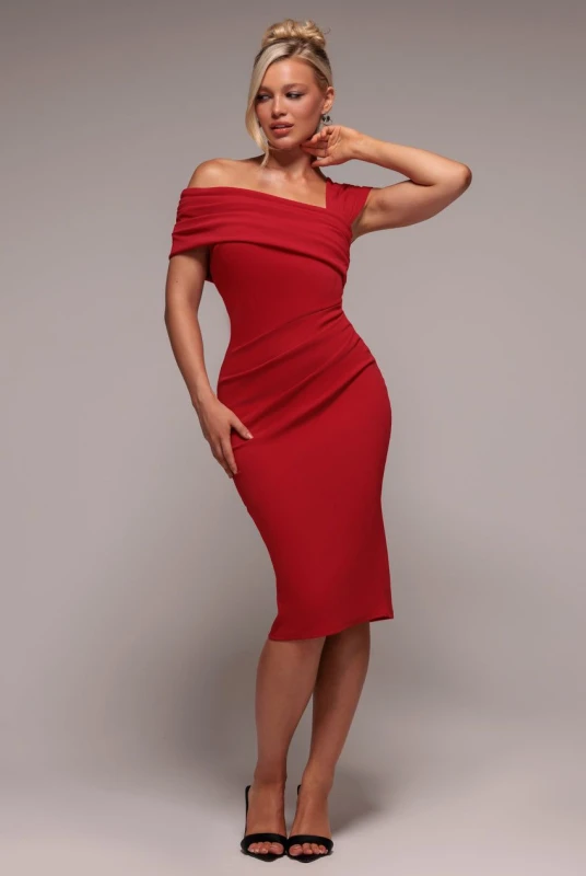 Image of Goddiva Womens Scuba Crepe Pleated Drop Shoulder Midi Dress in Red Size: 8 Red Female 8