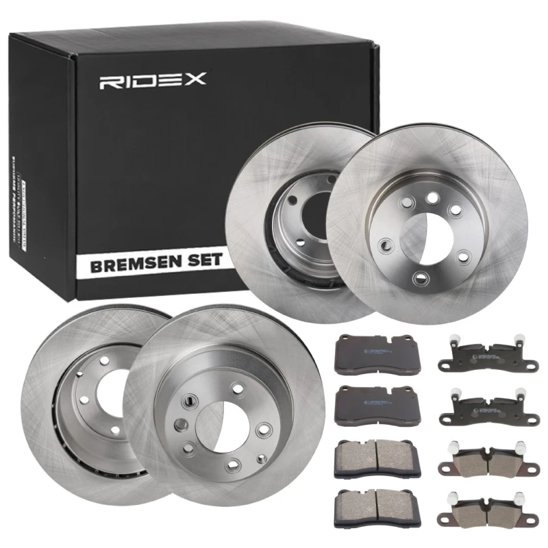 Image of RIDEX 3405B1678 Brake disc and pads set Rear Axle, Brake Disc Type: internally vented, prepared for wear warning indicator Brake Set,disc brakes (340