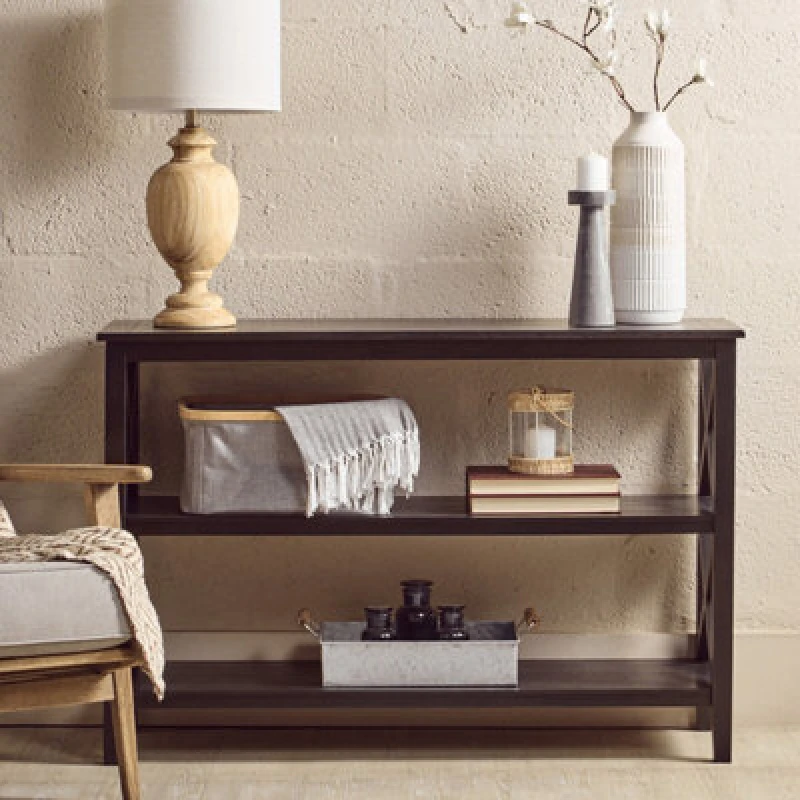 Image of Orsina Three Shelf Wide Black Book Case, Pine Wood Tall Book Shelf, Large Book Case For Home & Office