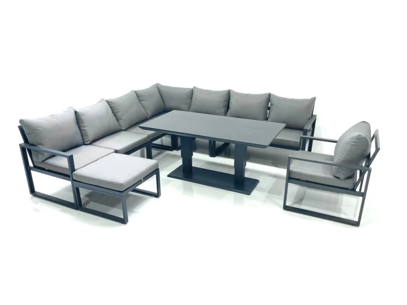 Image of Fimous 9 Seater Outdoor Aluminum Garden Furniture Set Corner Sofa Big Footstool Chair Adjustable Rising Lifting Dining Table Sets Dark Grey Dark Grey