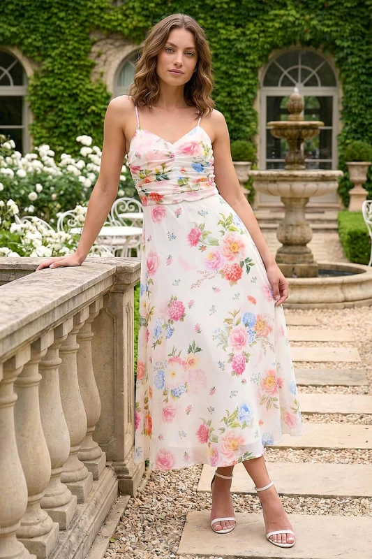 Image of Roman Womens Petite Floral Ruched Midi Dress in Ivory Size: 16 Ivory Female 16