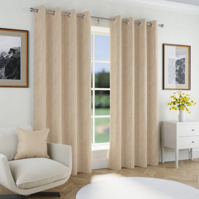 Image of Enhanced Living 'Chester' Natural Herringbone Jacquard Eyelet Blackout Curtains Pair Size: 168cm width x 229cm drop Natural Unisex 168cm width x